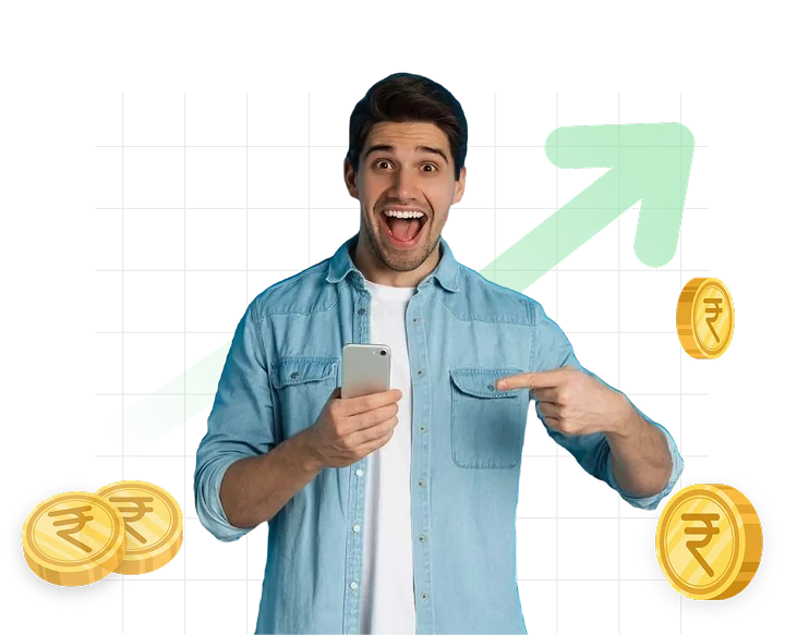 Happy Investor using mobile phone with coins and upward arrow symbolizing SIP Investment