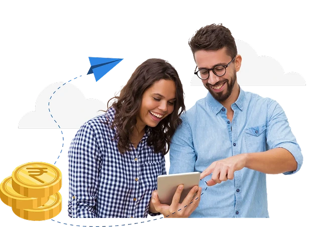 Couple reviewing investment plan on tablet with coins and paper plan illustration for SIP.